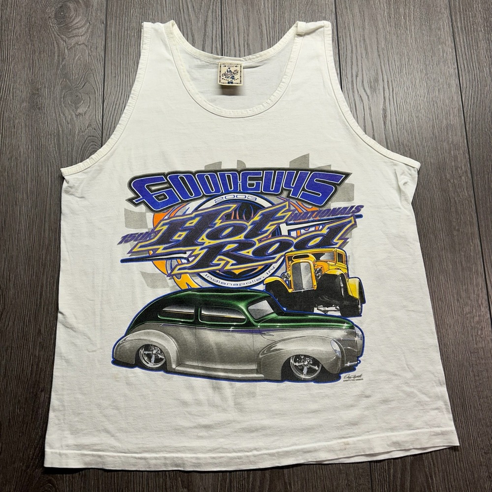 Vintage 2003 Goodguys Hot Rod Nationals Tank Top Mens Large White Alore USA Made